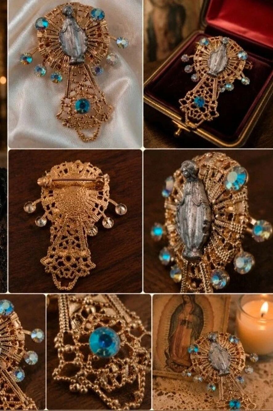 Vintage 1960s Virgin Mary Aurora Borealis and filigree brooch